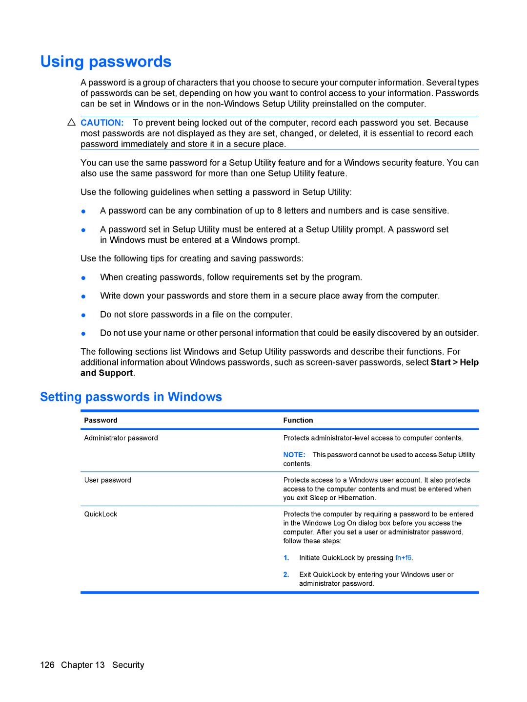 HP dv4-2160us manual Using passwords, Setting passwords in Windows 