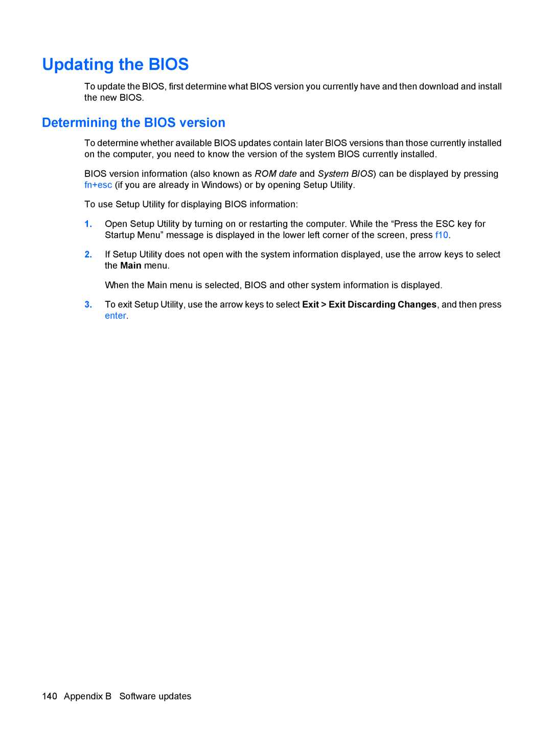 HP dv4-2160us manual Updating the Bios, Determining the Bios version 