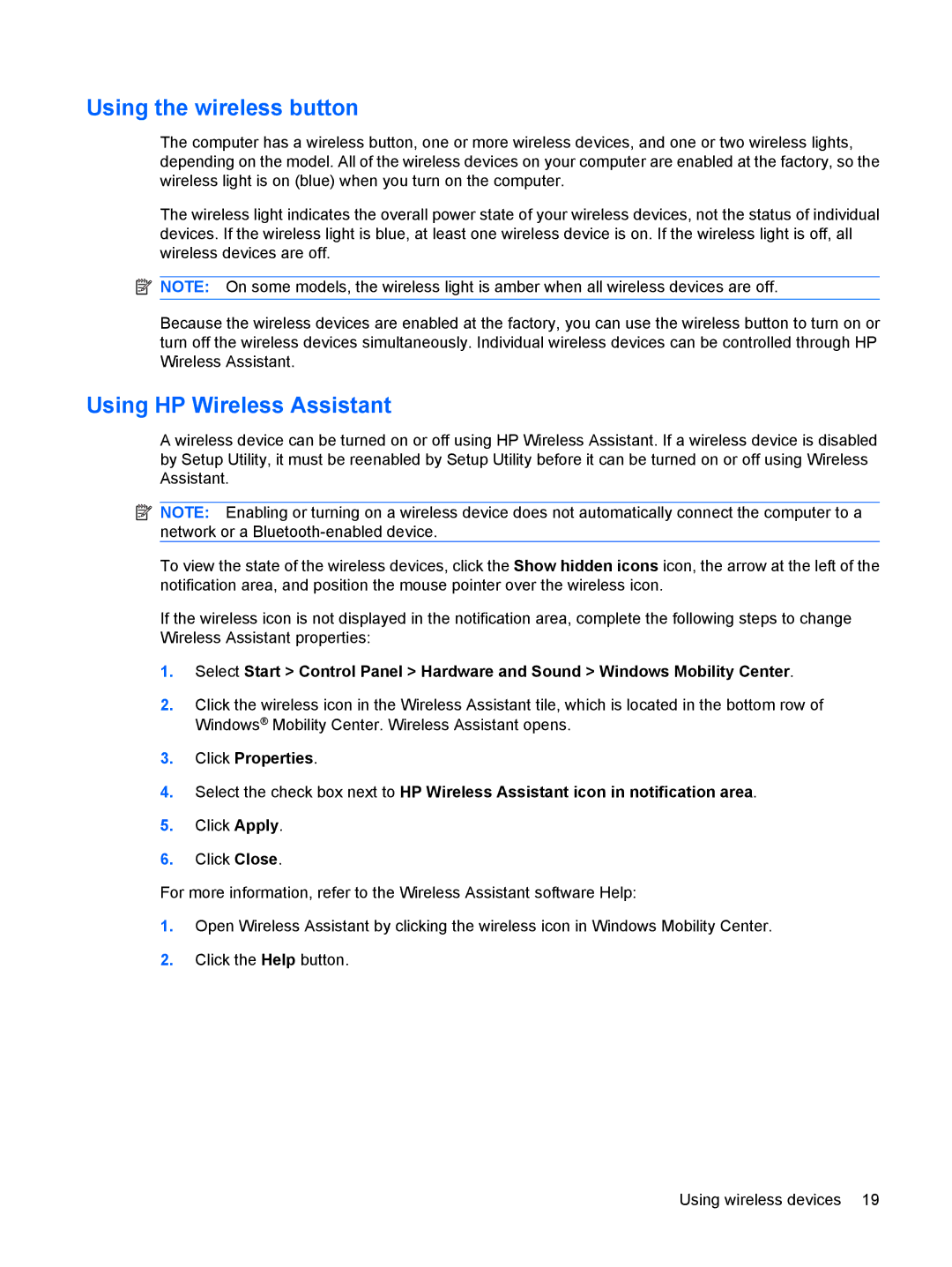 HP dv4-2160us manual Using the wireless button, Using HP Wireless Assistant 