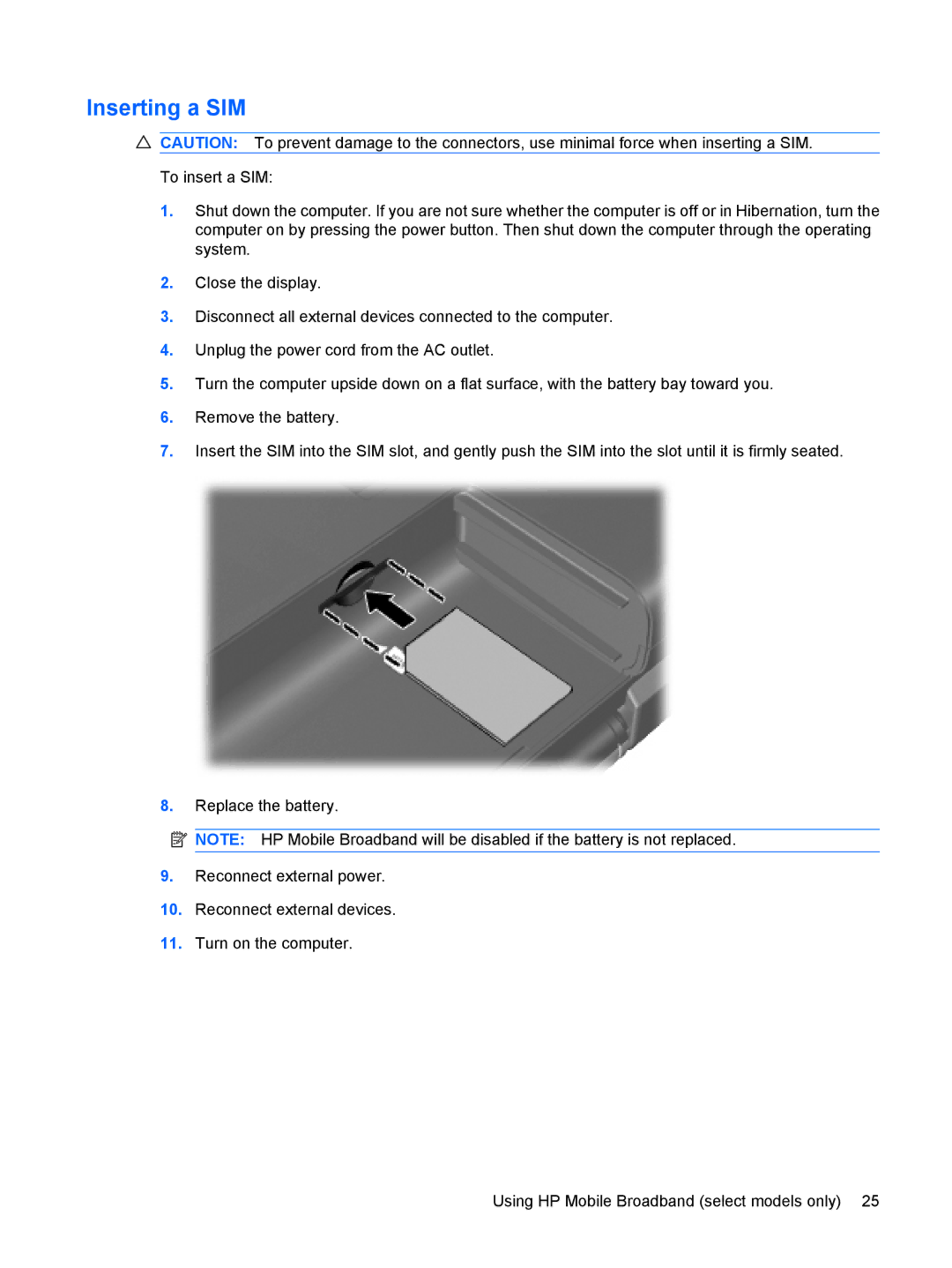 HP dv4-2160us manual Inserting a SIM 