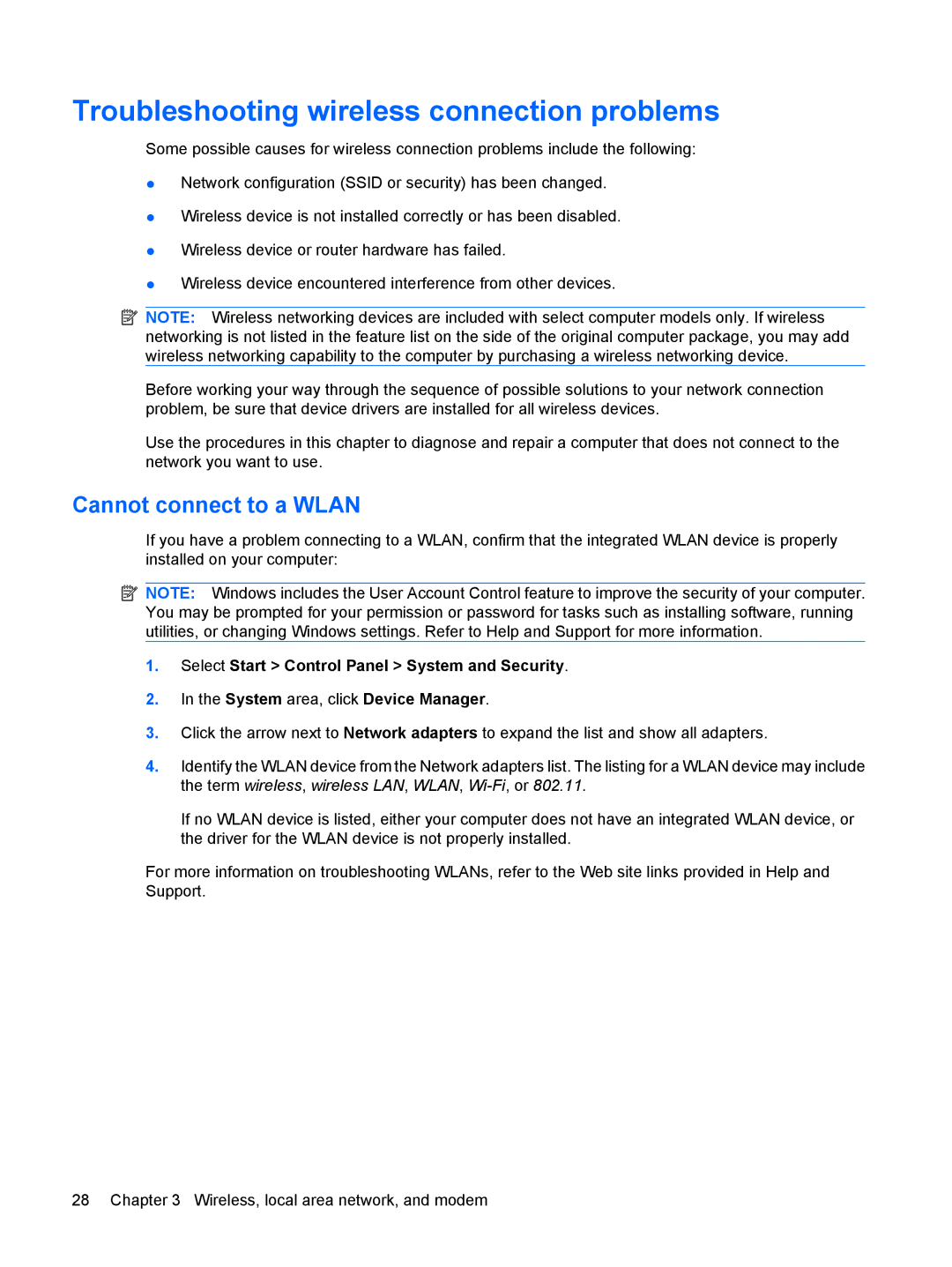 HP dv4-2160us manual Troubleshooting wireless connection problems, Cannot connect to a Wlan 