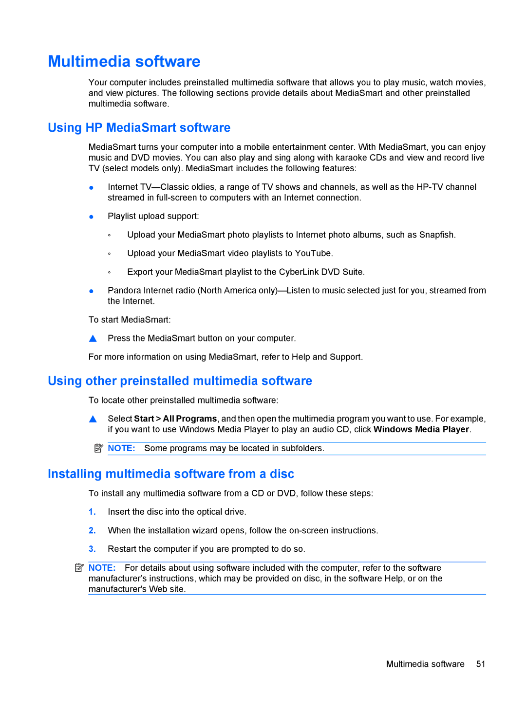 HP dv4-2160us manual Multimedia software, Using HP MediaSmart software, Using other preinstalled multimedia software 