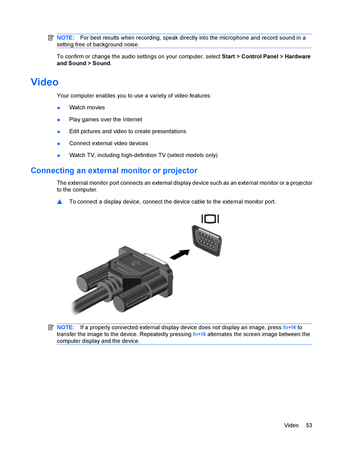 HP dv4-2160us manual Video, Connecting an external monitor or projector 