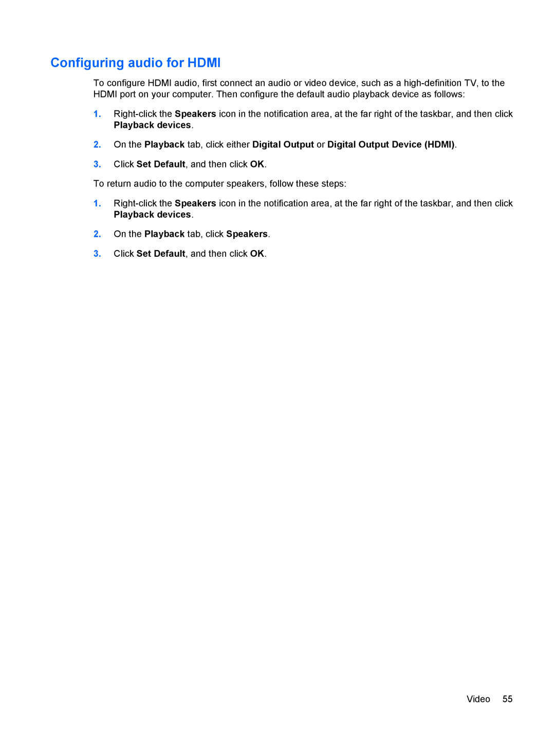 HP dv4-2160us manual Configuring audio for Hdmi 