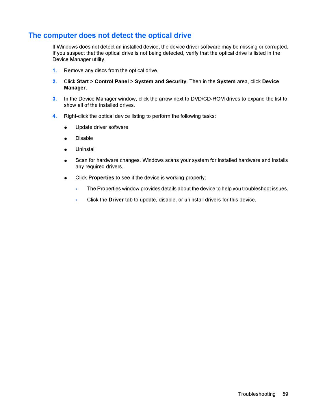 HP dv4-2160us manual Computer does not detect the optical drive 