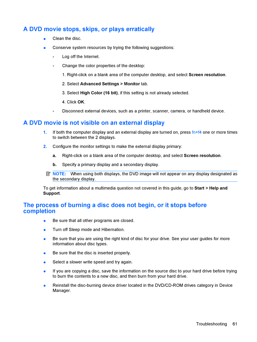HP dv4-2160us manual DVD movie stops, skips, or plays erratically, DVD movie is not visible on an external display 