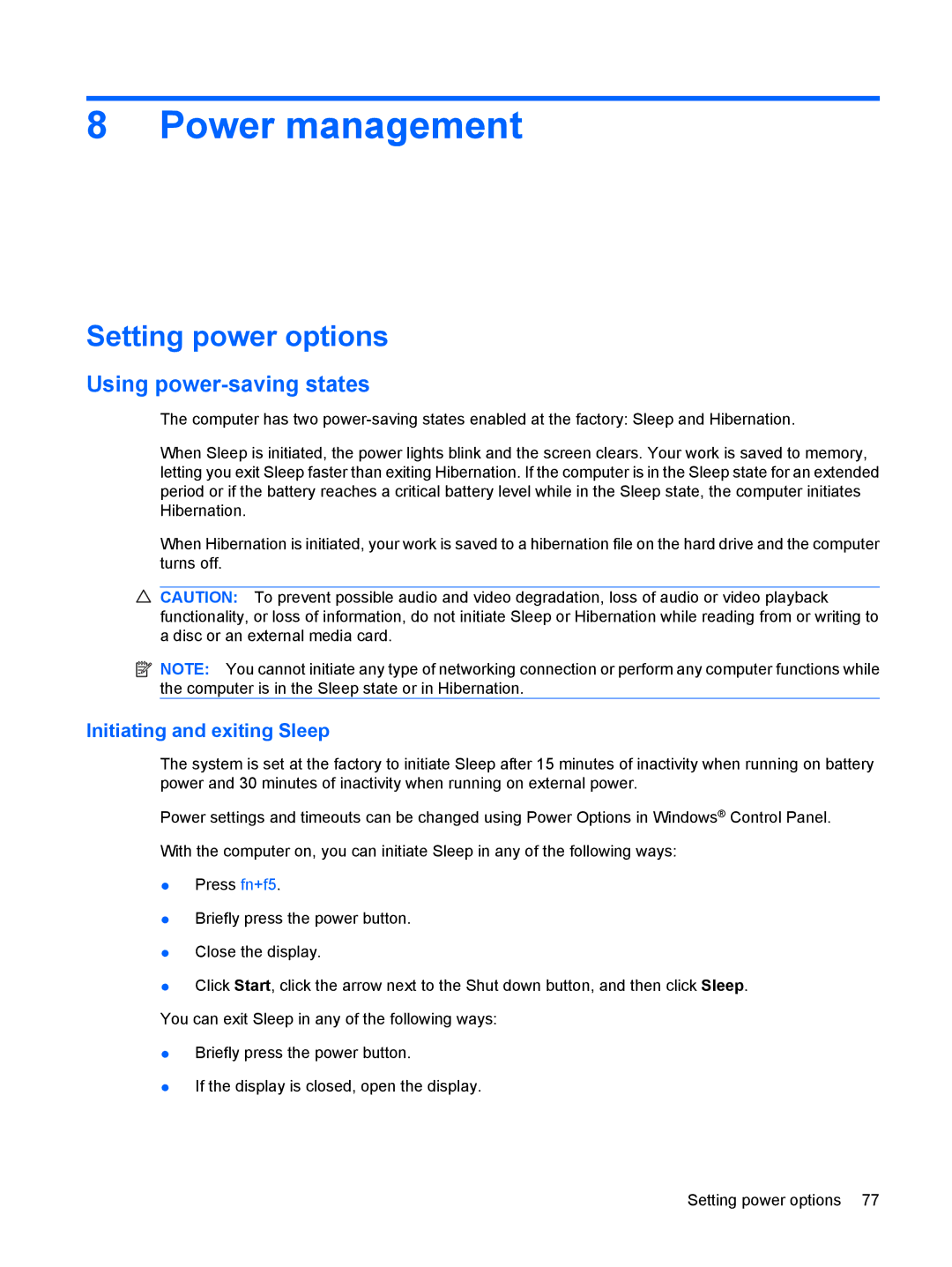 HP dv4-2160us manual Power management, Setting power options, Using power-saving states, Initiating and exiting Sleep 