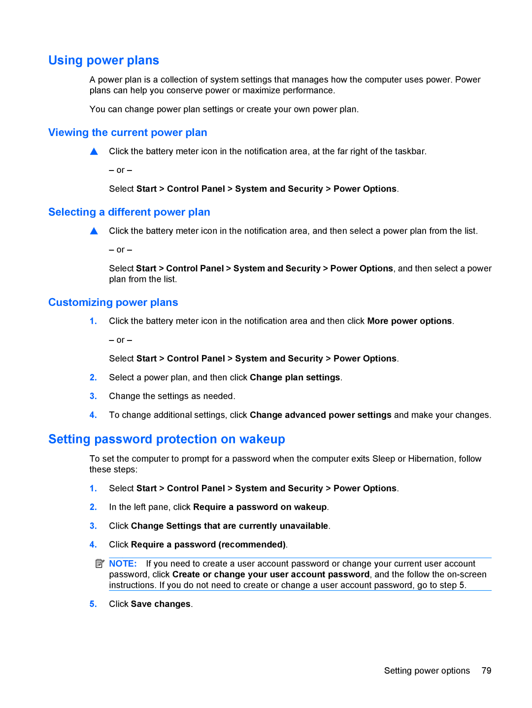 HP dv4-2160us manual Using power plans, Setting password protection on wakeup, Viewing the current power plan 