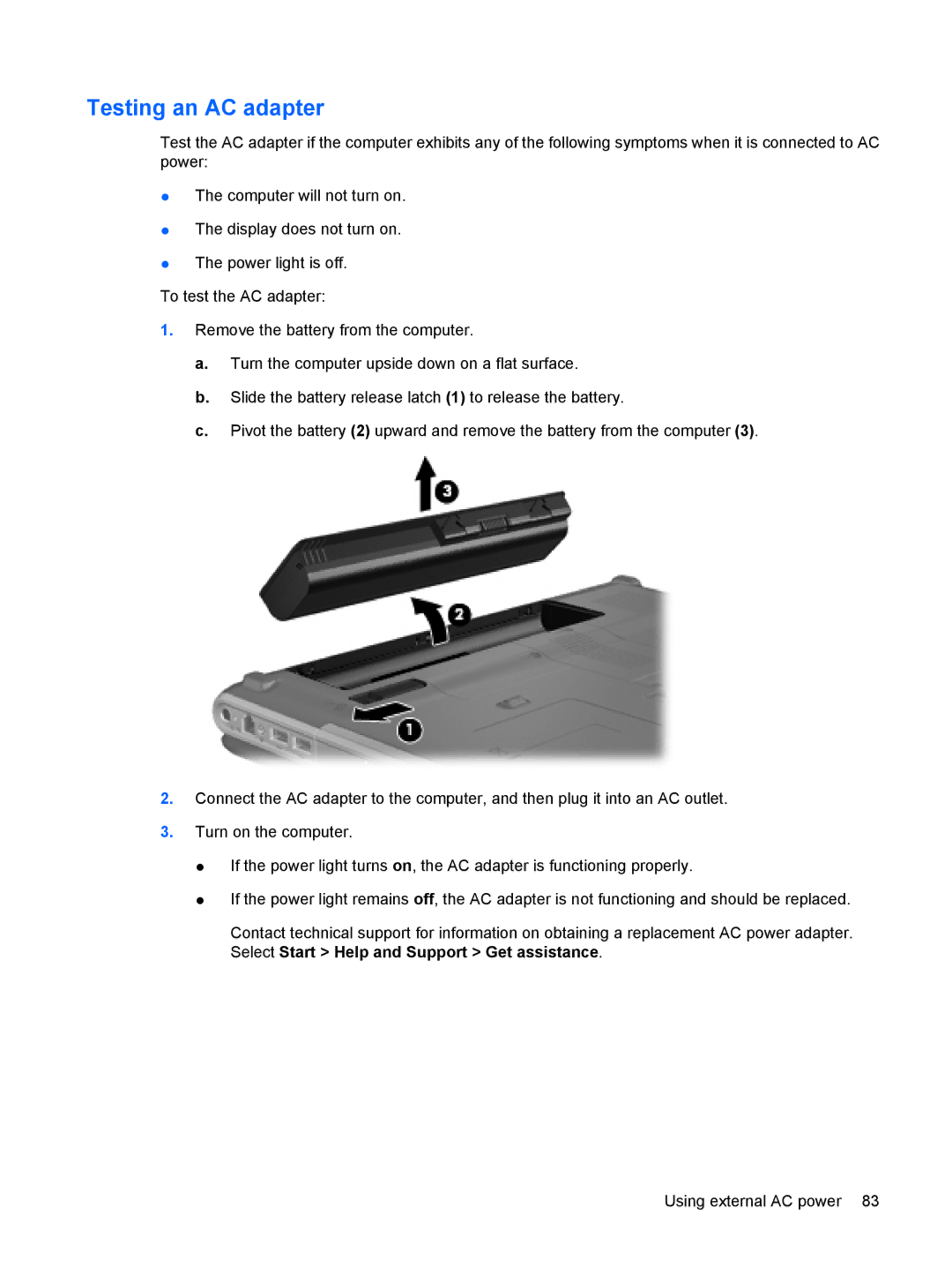 HP dv4-2160us manual Testing an AC adapter 