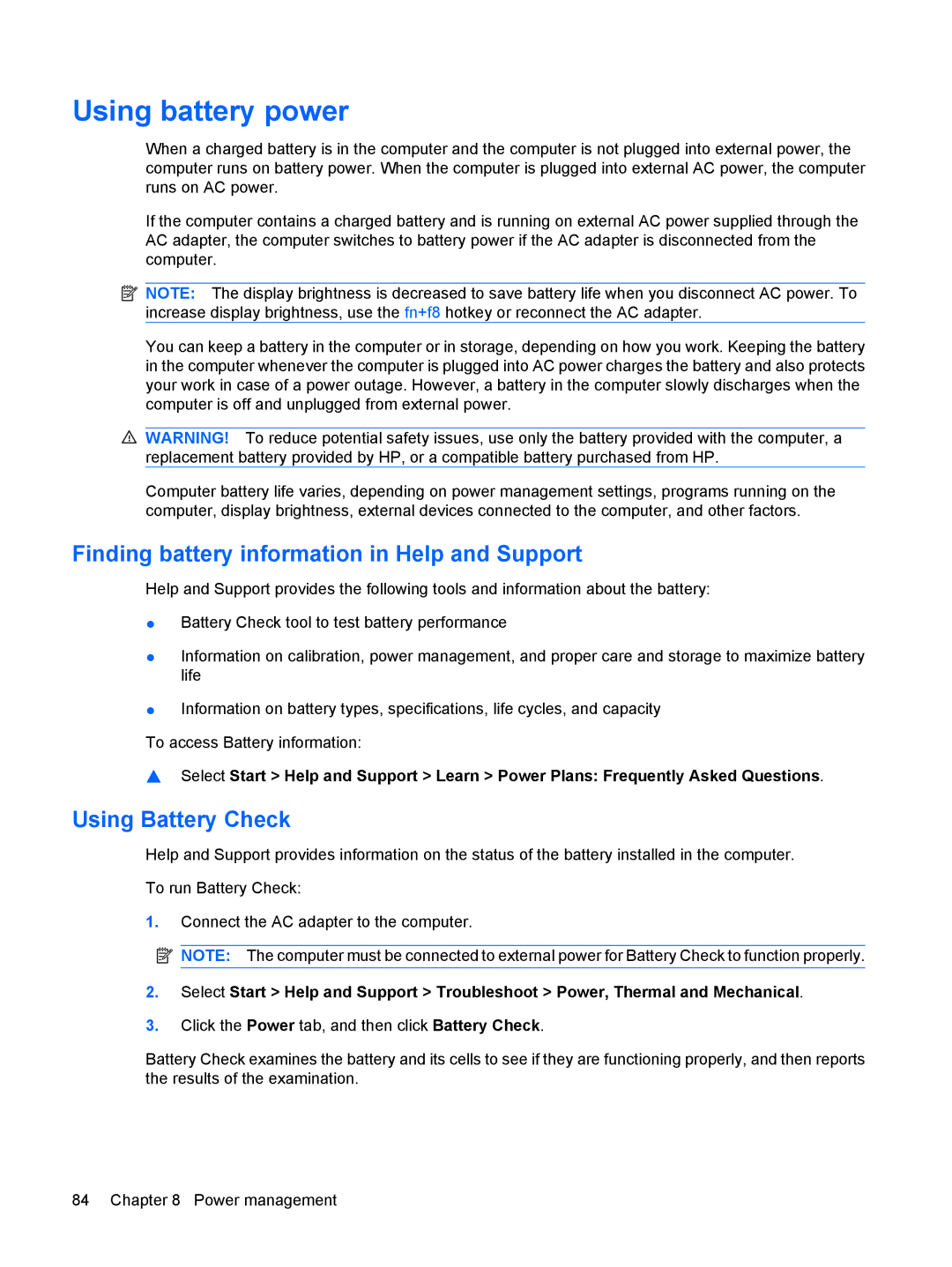 HP dv4-2160us manual Using battery power, Finding battery information in Help and Support, Using Battery Check 