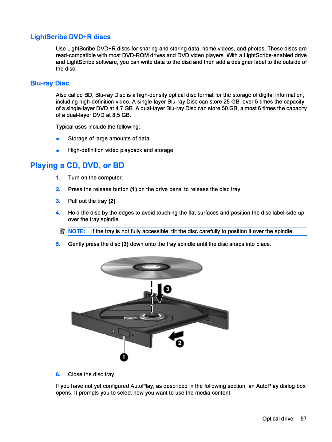 HP dv4-2160us manual Playing a CD, DVD, or BD, LightScribe DVD+R discs, Blu-ray Disc 