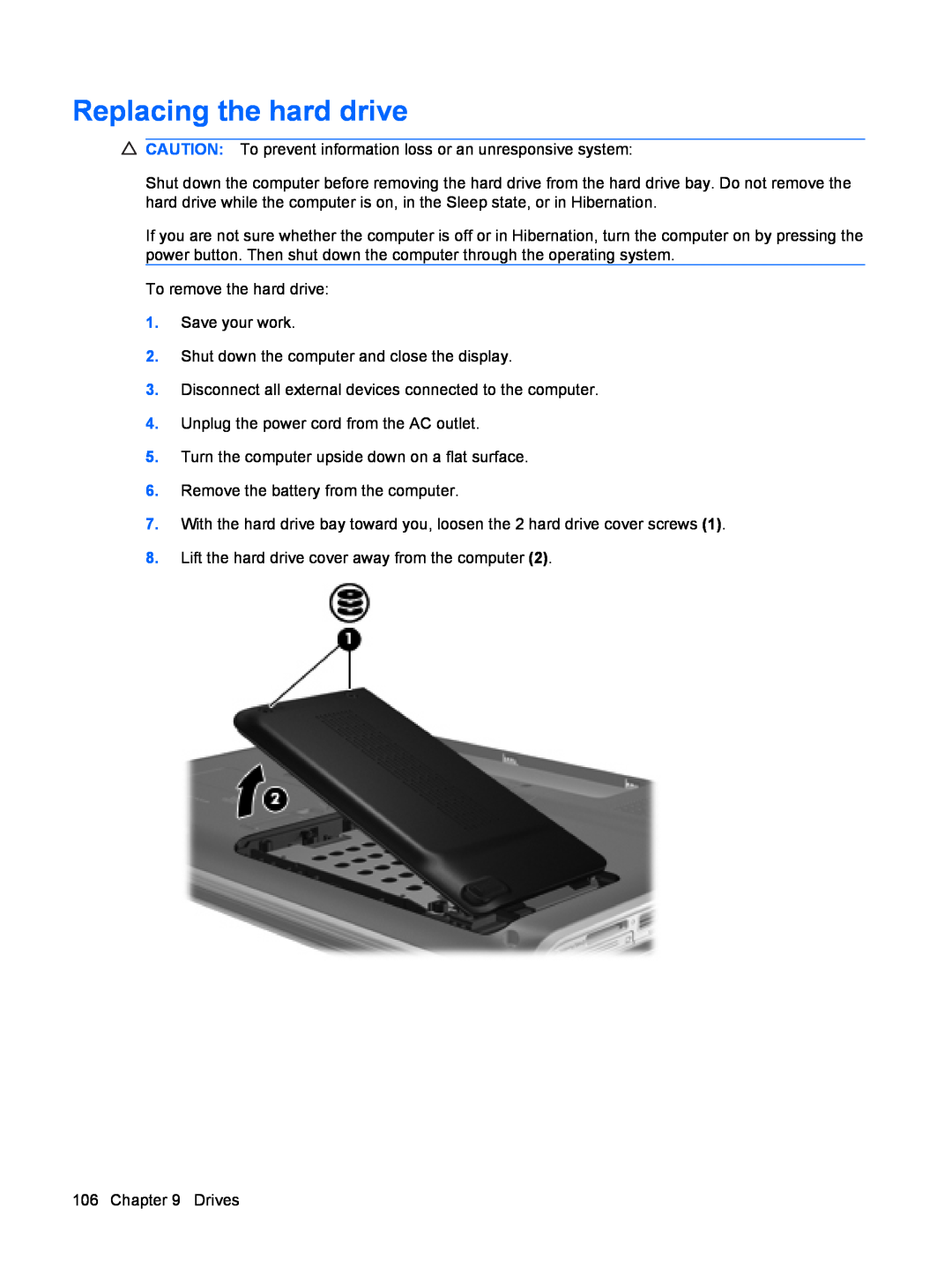 HP dv4-2160us manual Replacing the hard drive 