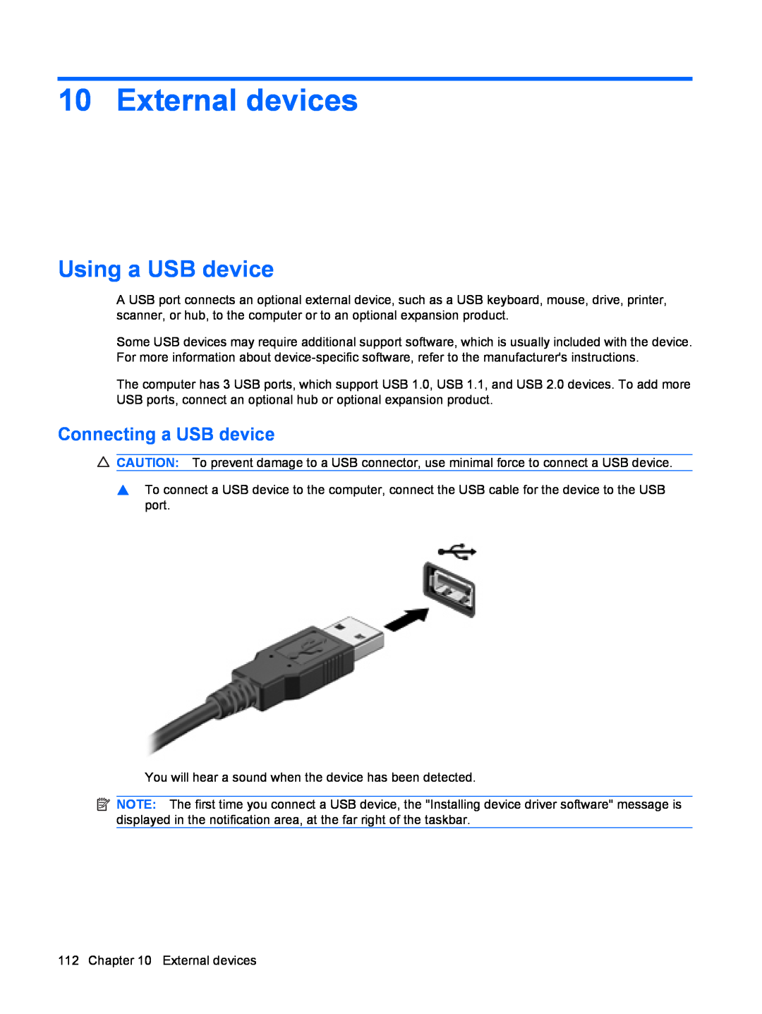 HP dv4-2160us manual External devices, Using a USB device, Connecting a USB device 