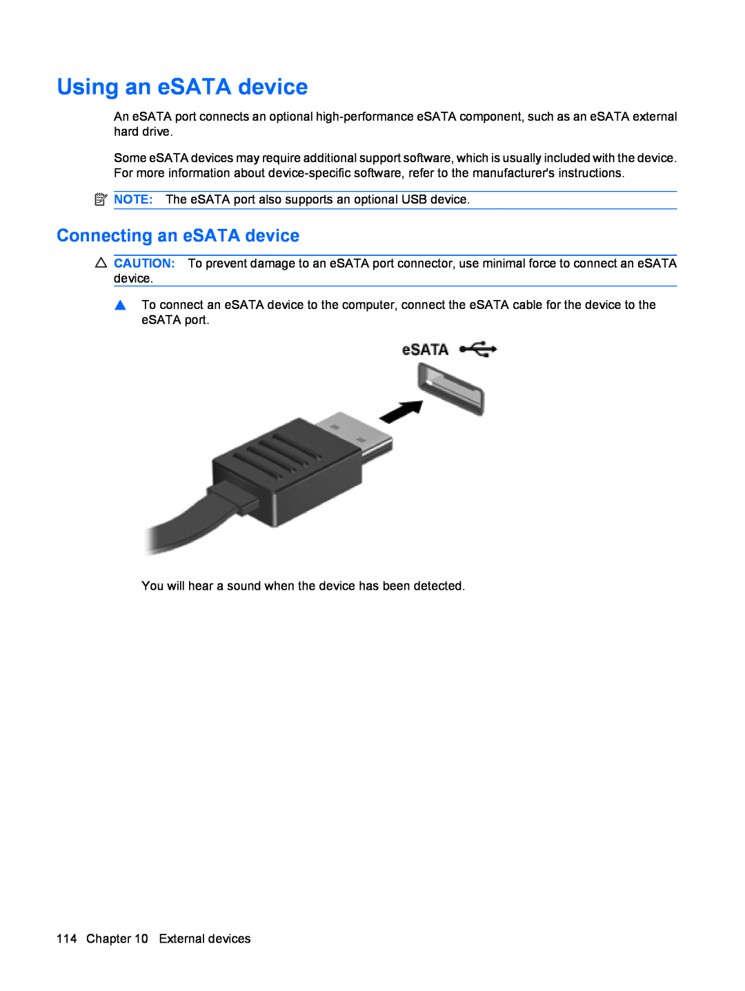 HP dv4-2160us manual Using an eSATA device, Connecting an eSATA device 