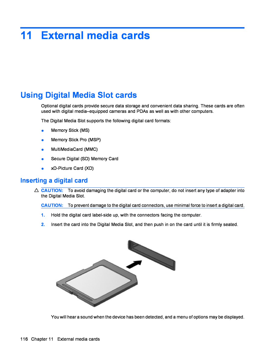 HP dv4-2160us manual External media cards, Using Digital Media Slot cards, Inserting a digital card 