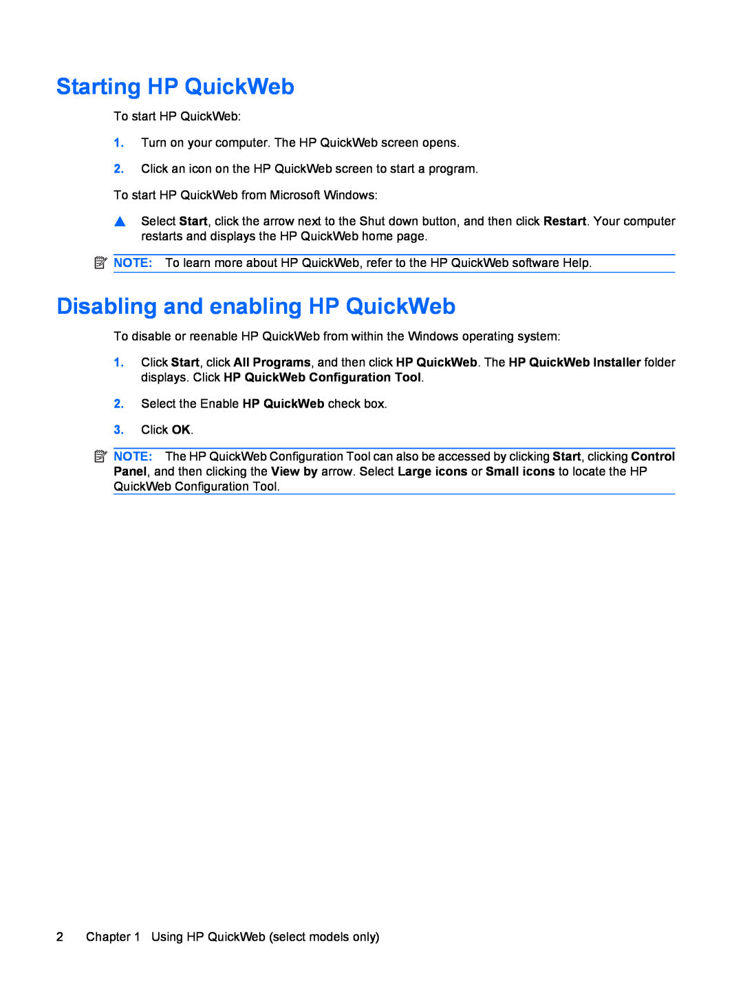 HP dv4-2160us manual Starting HP QuickWeb, Disabling and enabling HP QuickWeb 