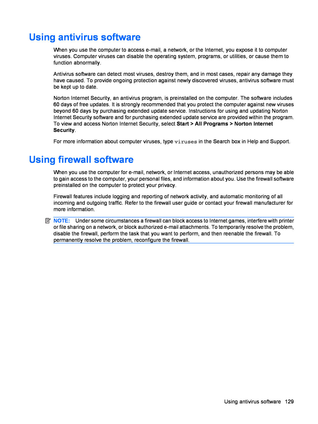 HP dv4-2160us manual Using antivirus software, Using firewall software 