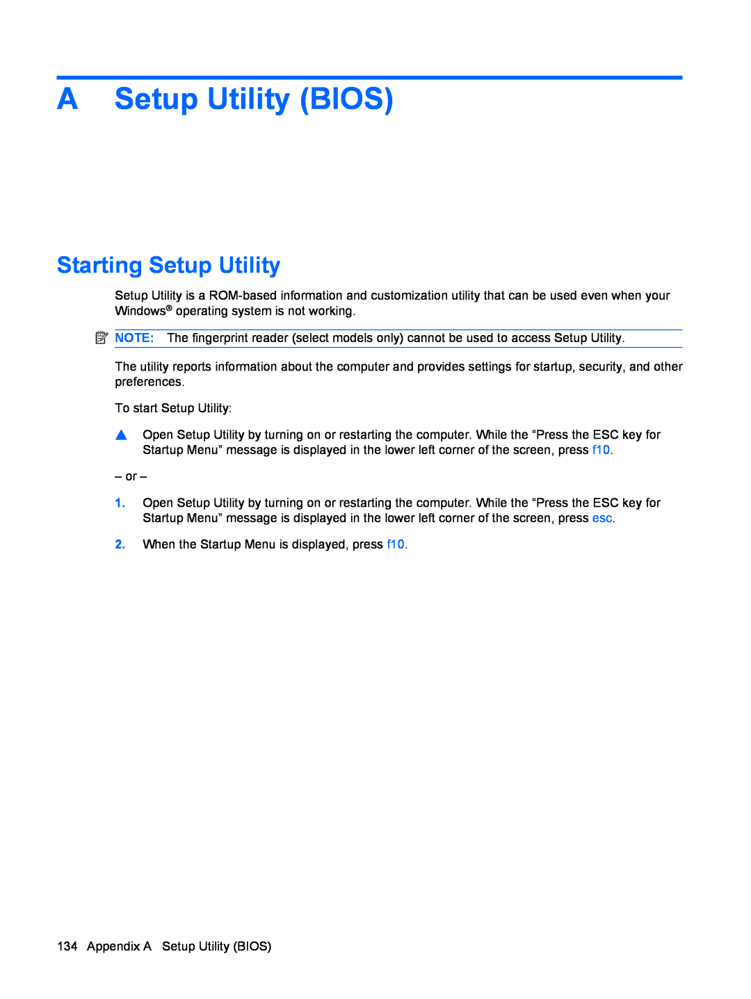 HP dv4-2160us manual A Setup Utility BIOS, Starting Setup Utility 