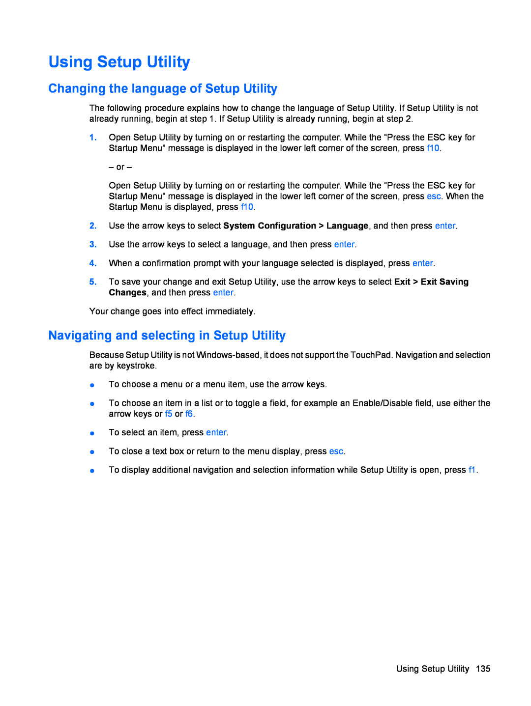 HP dv4-2160us manual Using Setup Utility, Changing the language of Setup Utility, Navigating and selecting in Setup Utility 