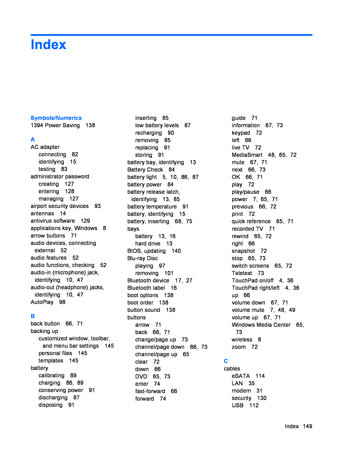 HP dv4-2160us manual Index, Symbols/Numerics 