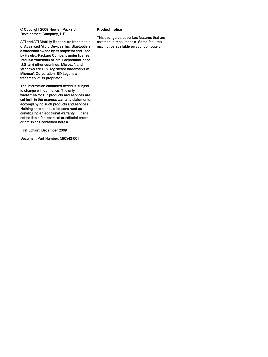 HP dv4-2160us manual Copyright 2009 Hewlett-Packard Development Company, L.P, First Edition December Document Part Number 