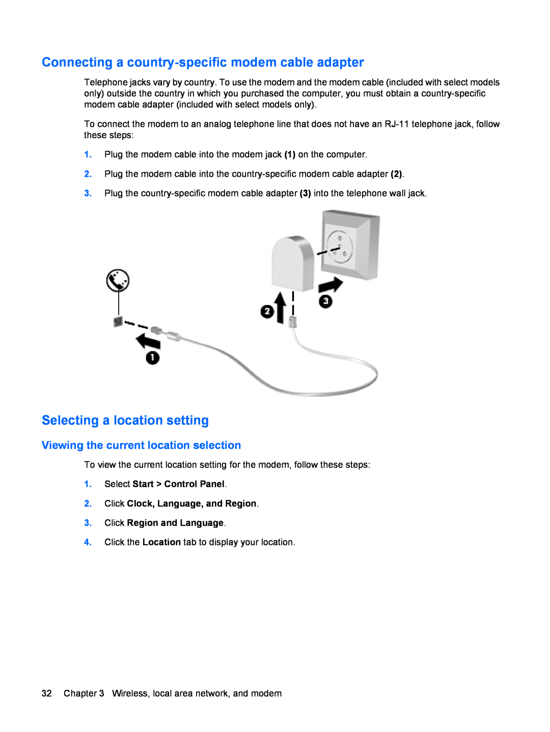 HP dv4-2160us Connecting a country-specific modem cable adapter, Selecting a location setting, Click Region and Language 