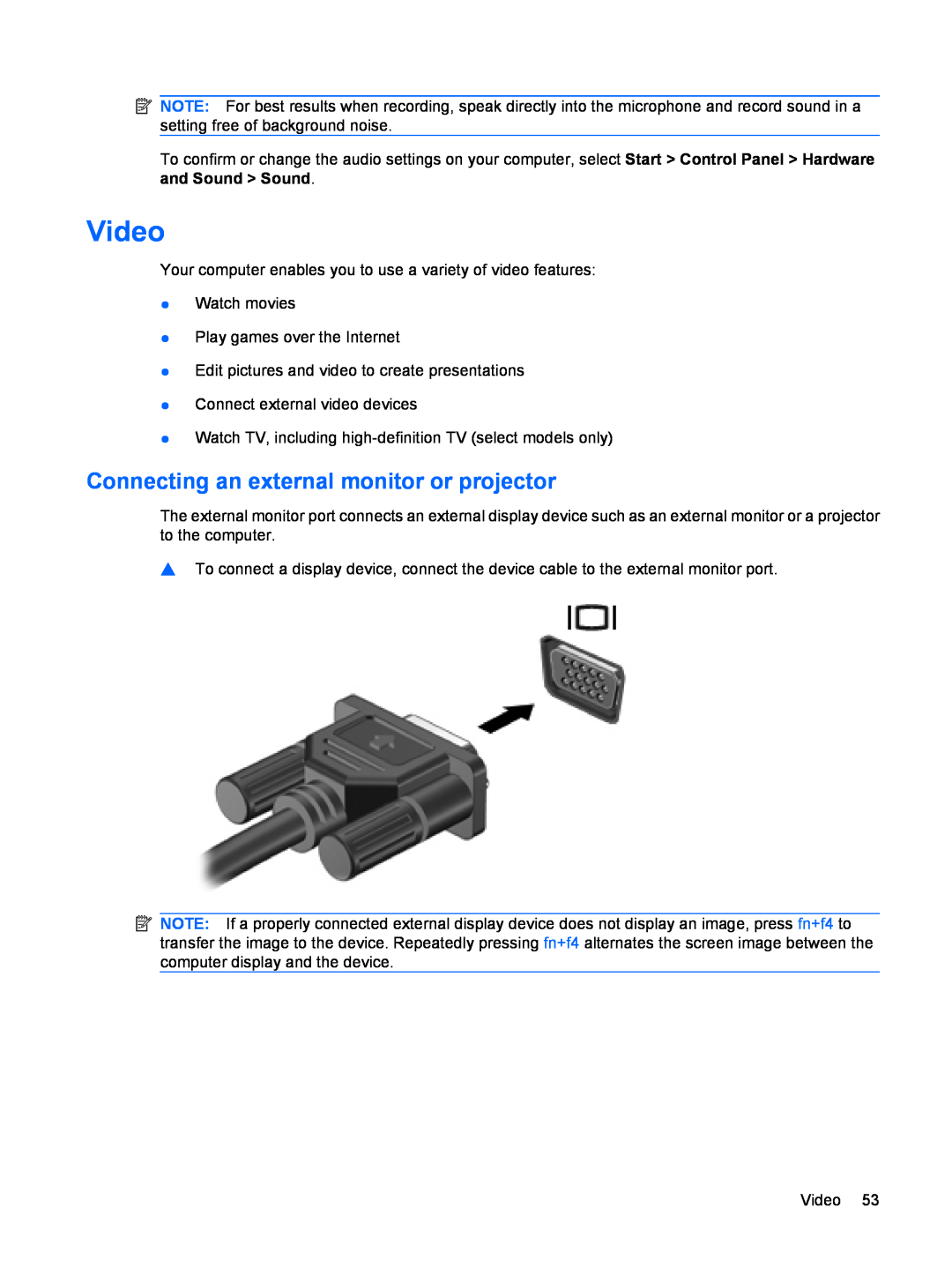 HP dv4-2160us manual Video, Connecting an external monitor or projector 