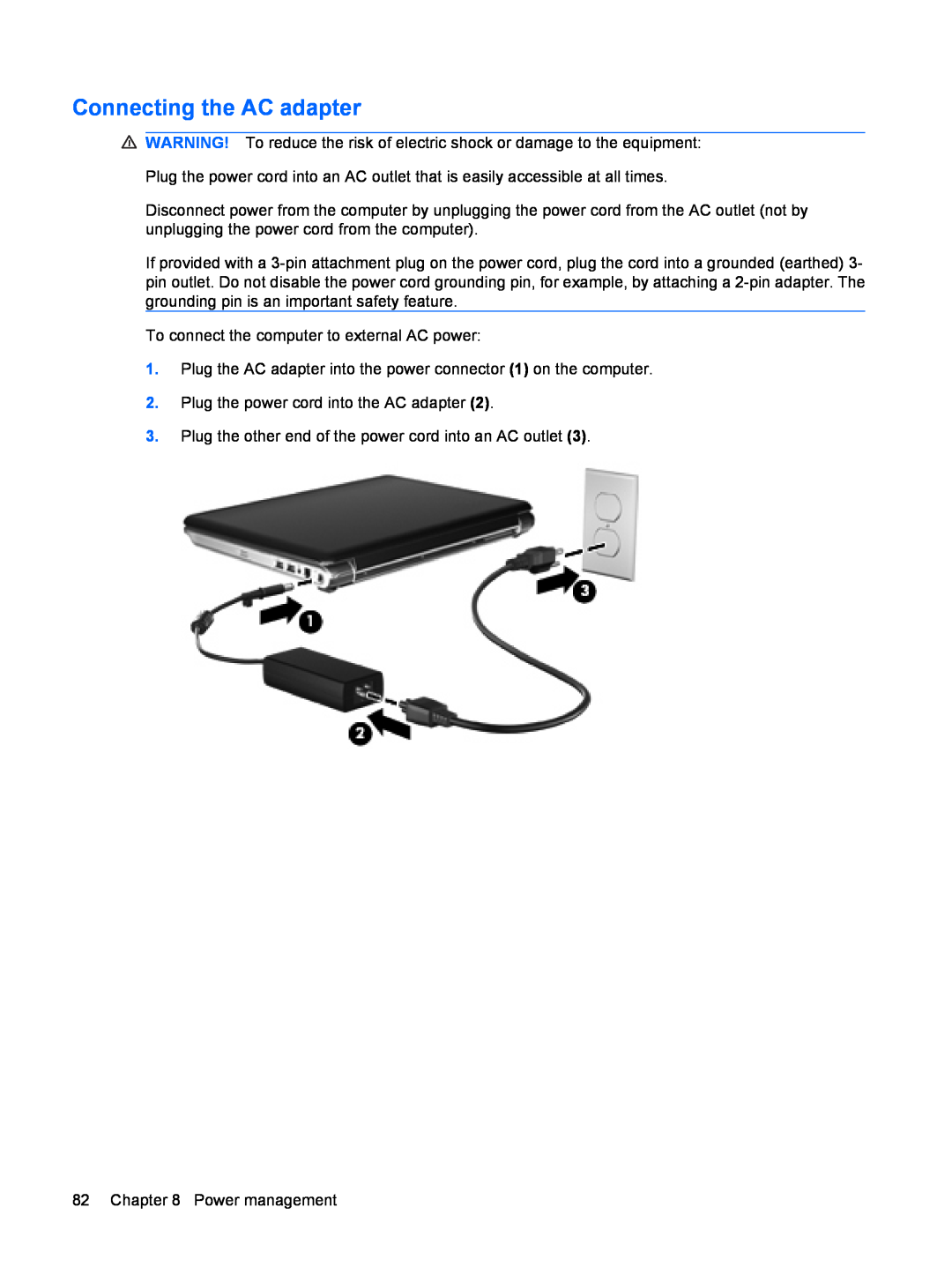 HP dv4-2160us manual Connecting the AC adapter 