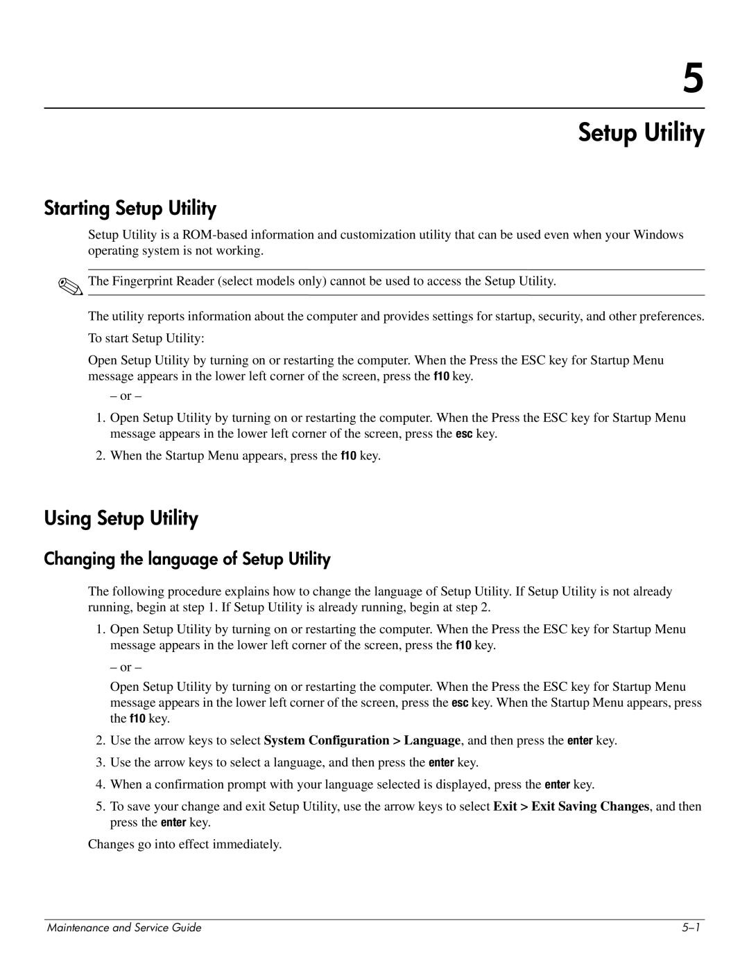 HP DV4 manual Starting Setup Utility, Using Setup Utility, Changing the language of Setup Utility 