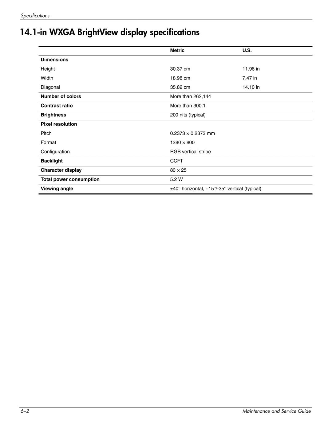 HP DV4 manual Wxga BrightView display specifications 