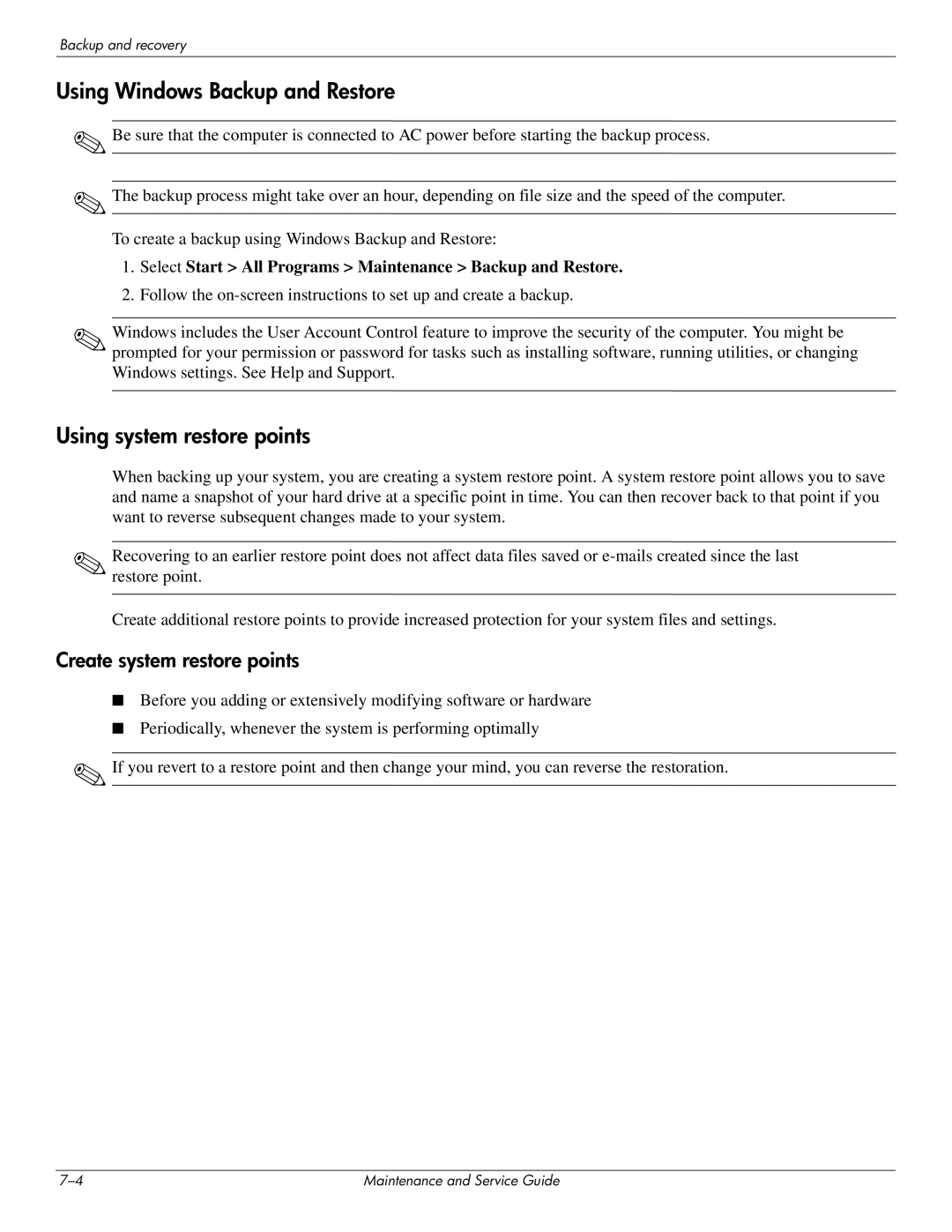 HP DV4 manual Using Windows Backup and Restore, Using system restore points 