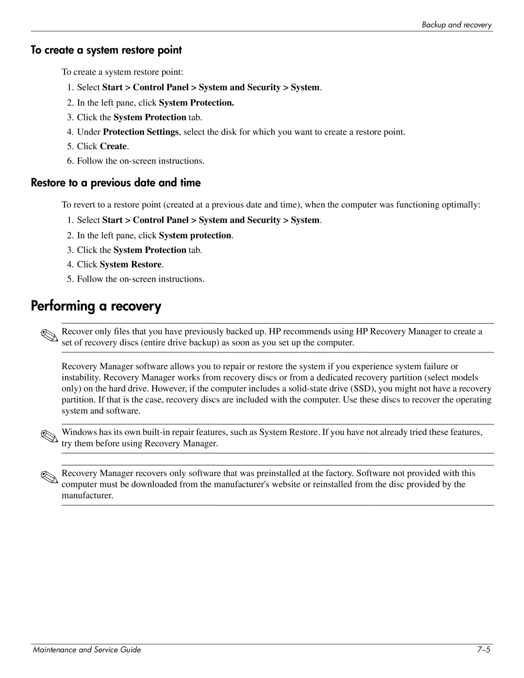 HP DV4 manual Performing a recovery, To create a system restore point 