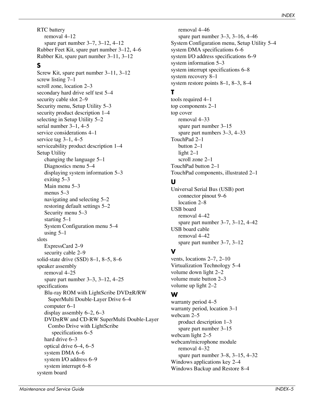 HP DV4 manual INDEX-5 