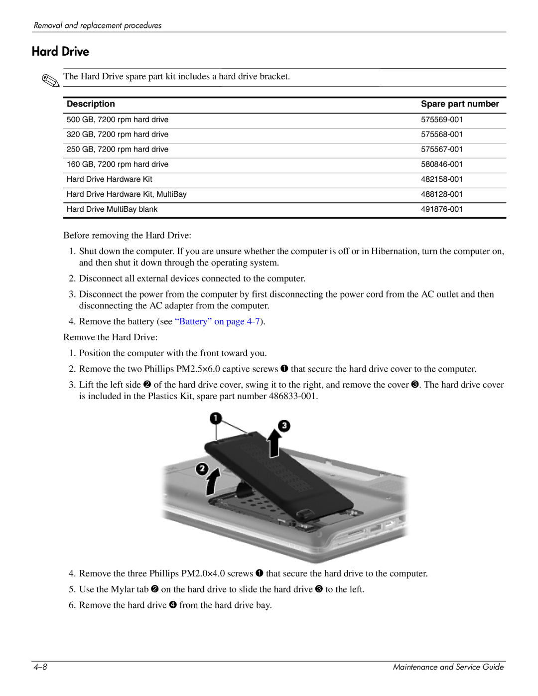 HP DV4 manual Hard Drive spare part kit includes a hard drive bracket 