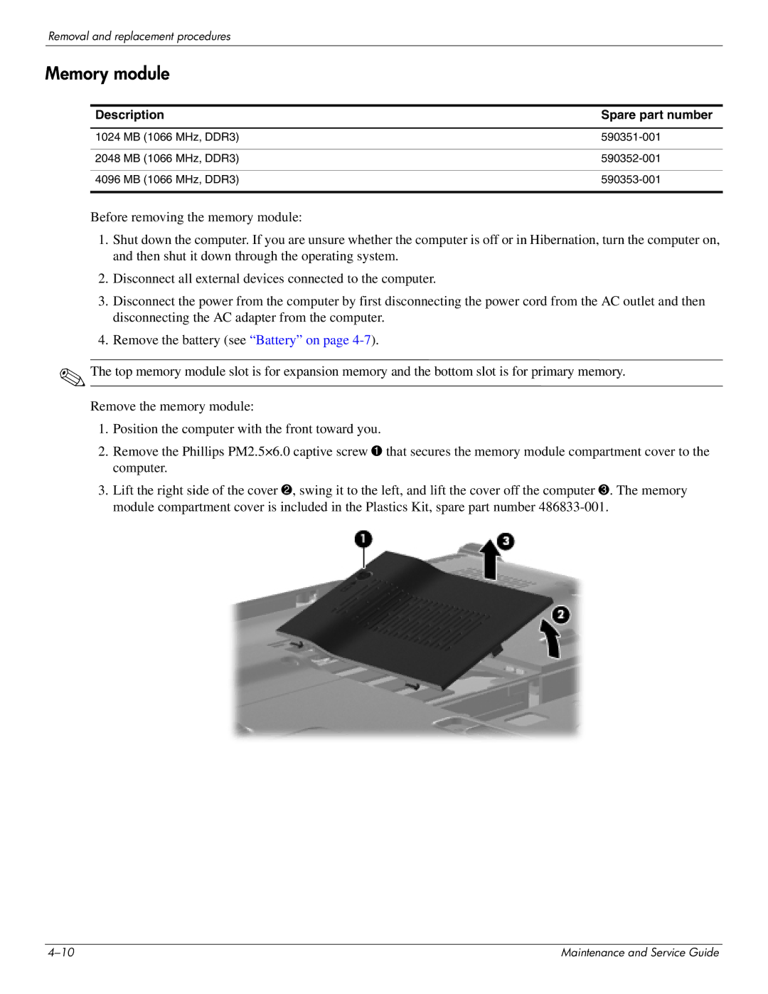 HP DV4 manual Memory module 