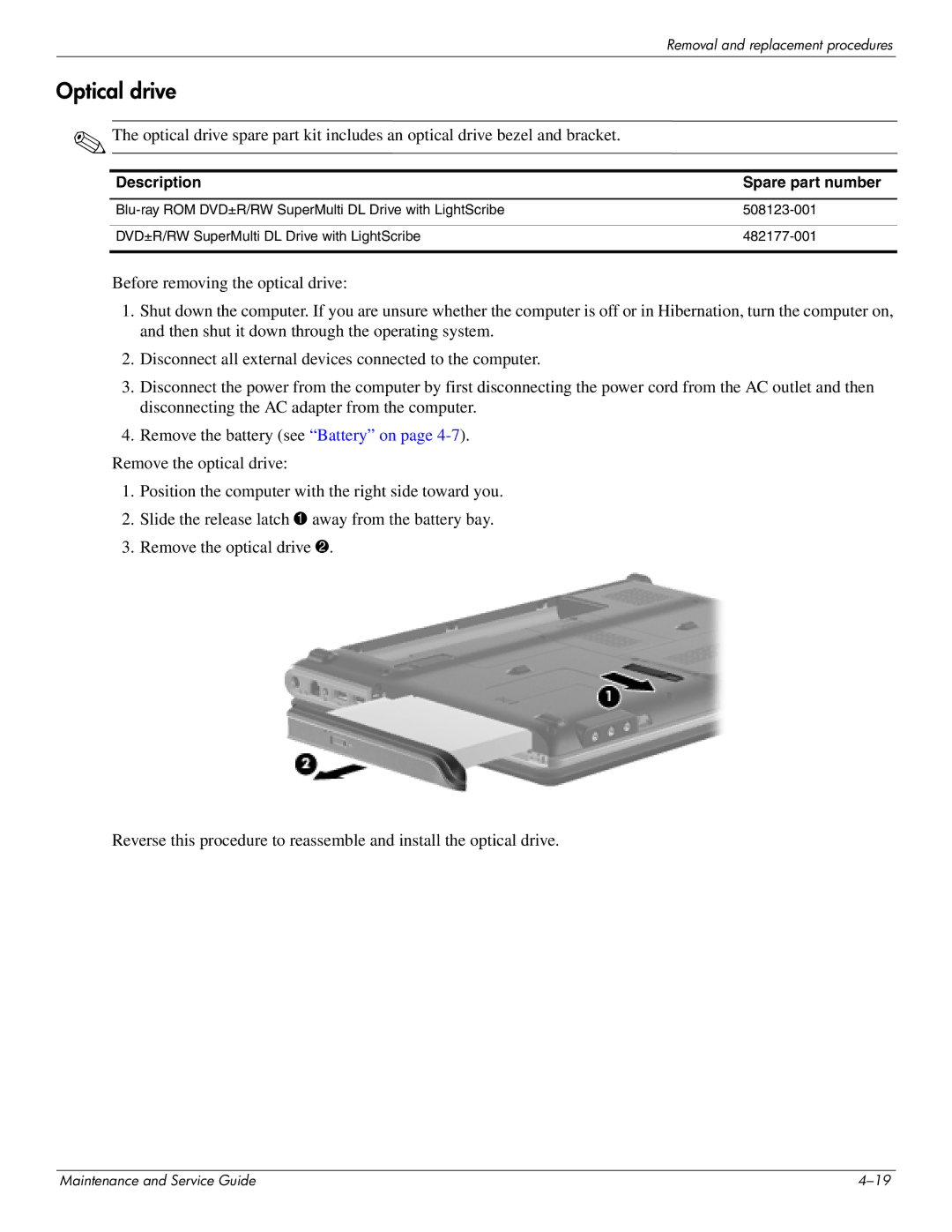 HP DV4 manual Optical drive 