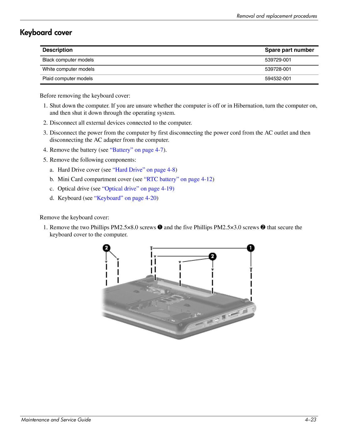 HP DV4 manual Keyboard cover, Optical drive see Optical drive on Keyboard see Keyboard on 