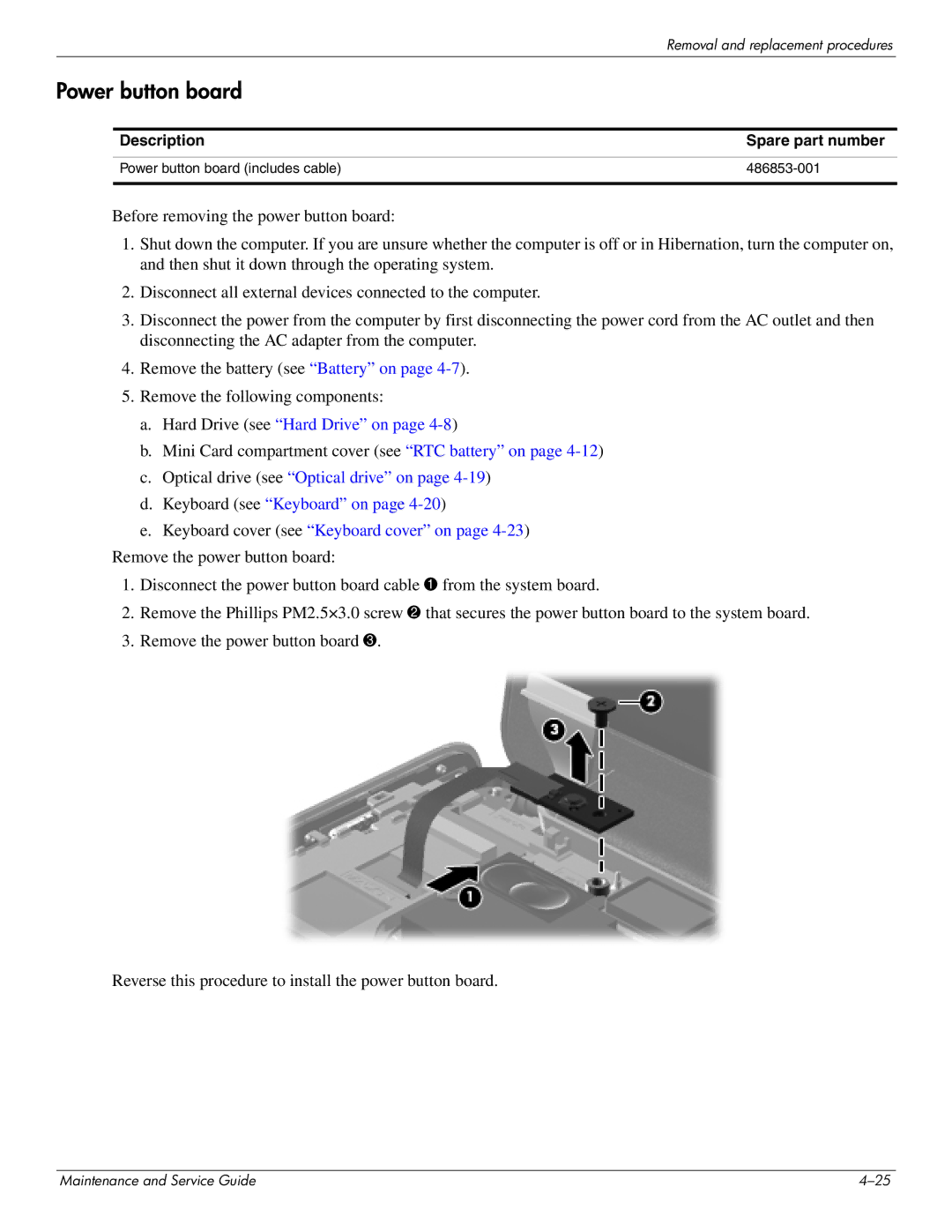 HP DV4 manual Power button board 