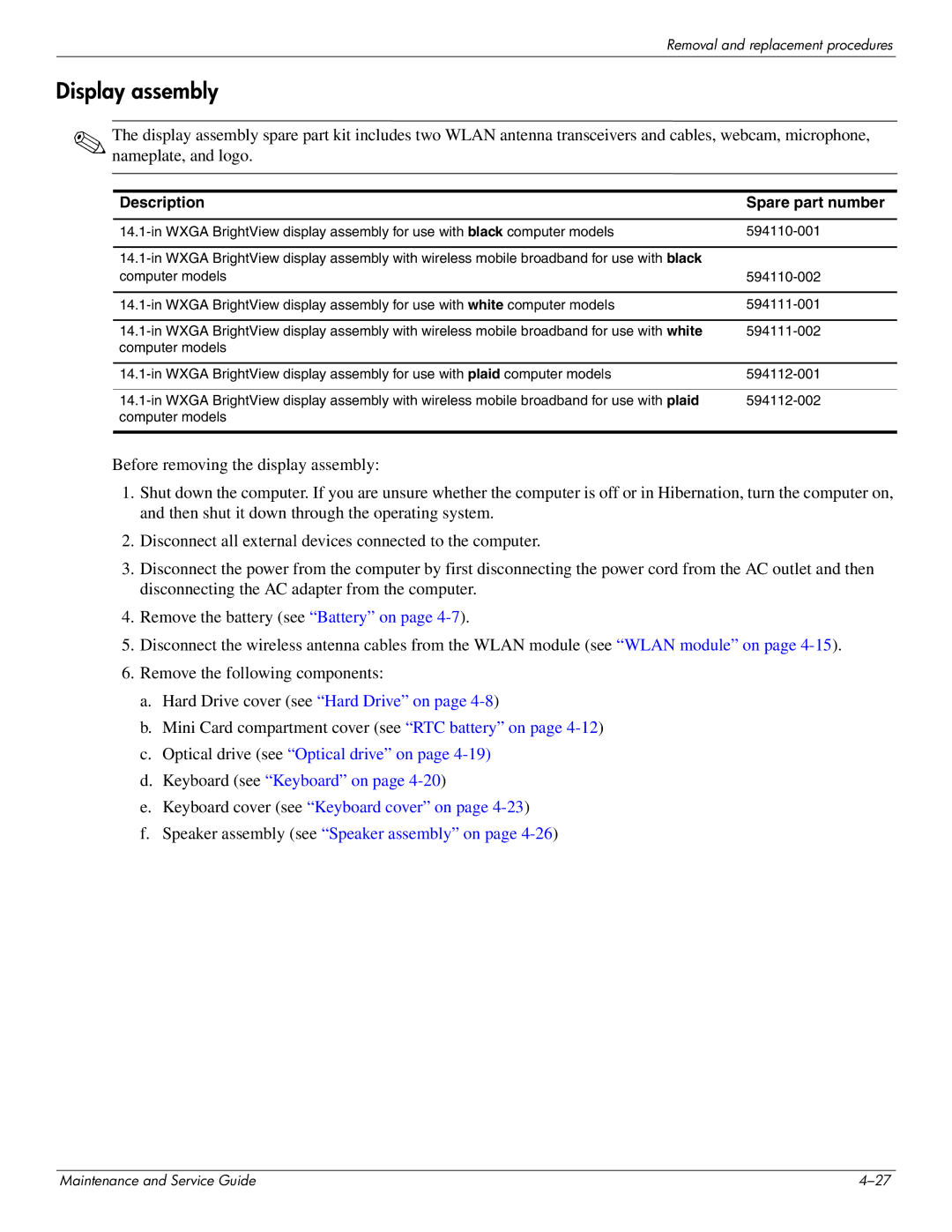 HP DV4 manual Display assembly 