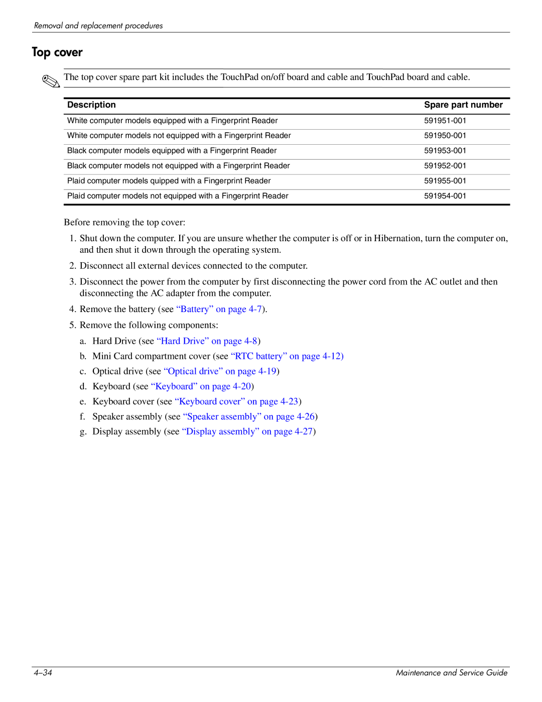 HP DV4 manual Top cover 