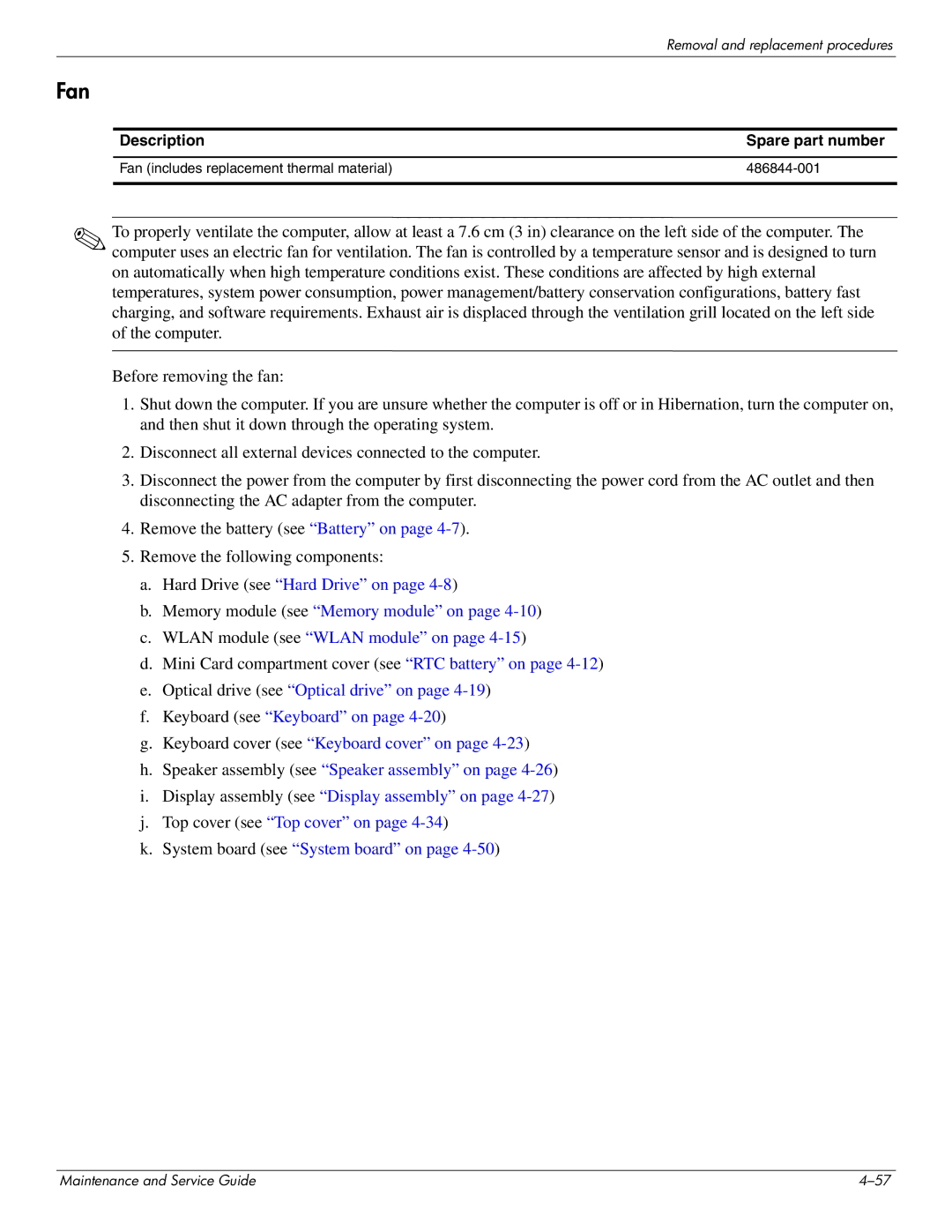 HP DV4 manual Fan 