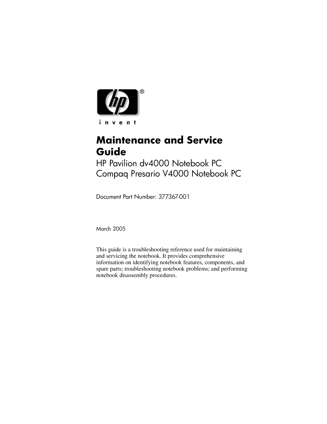 HP V4000, dv4000 manual Maintenance and Service Guide 