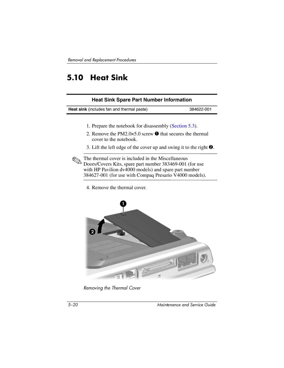 HP V4000, dv4000 manual Heat Sink Spare Part Number Information 