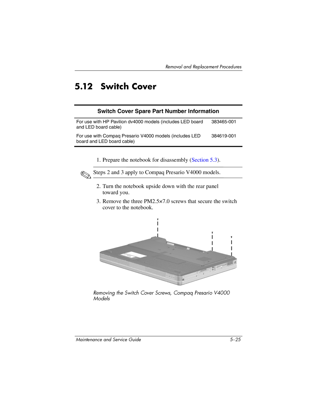 HP dv4000, V4000 manual Switch Cover Spare Part Number Information 