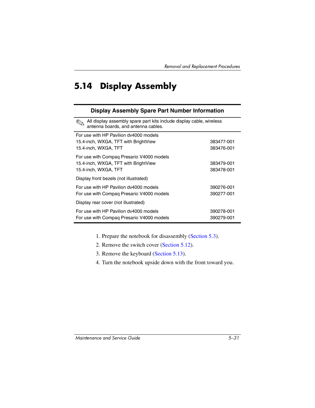 HP dv4000, V4000 manual Display Assembly Spare Part Number Information 