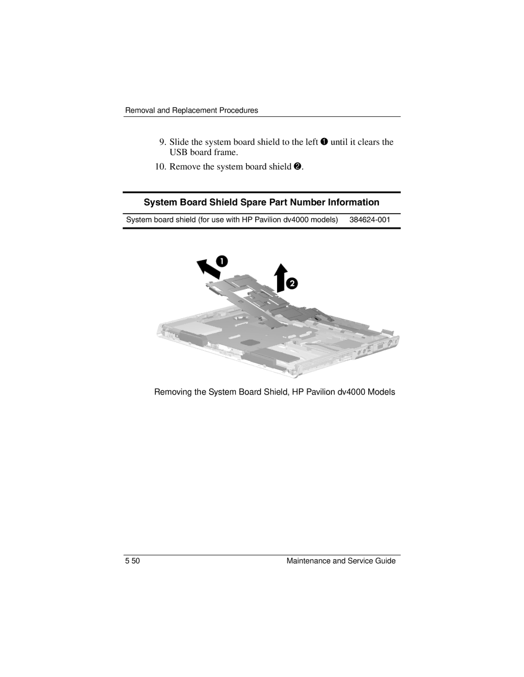 HP V4000, dv4000 manual System Board Shield Spare Part Number Information 