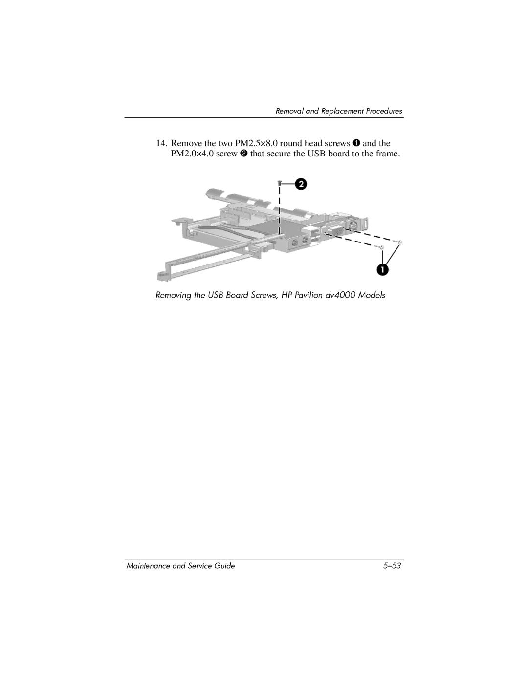 HP V4000 manual Removing the USB Board Screws, HP Pavilion dv4000 Models 