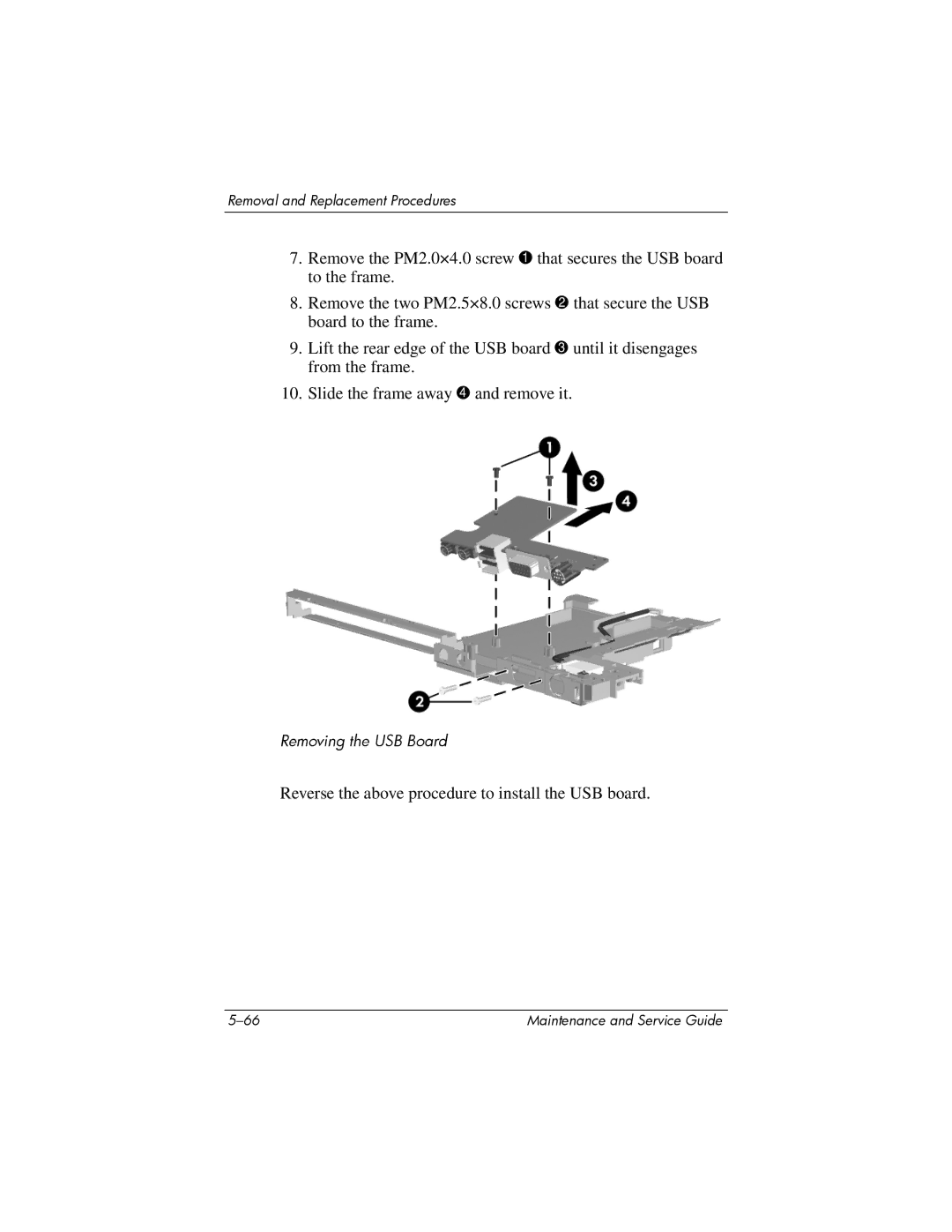 HP V4000, dv4000 manual Reverse the above procedure to install the USB board 