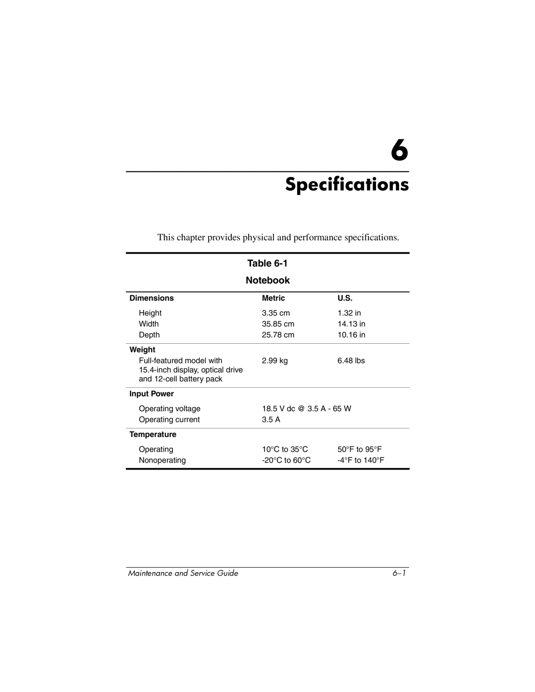 HP dv4000, V4000 manual Dimensions Metric, Weight, Input Power, Temperature 