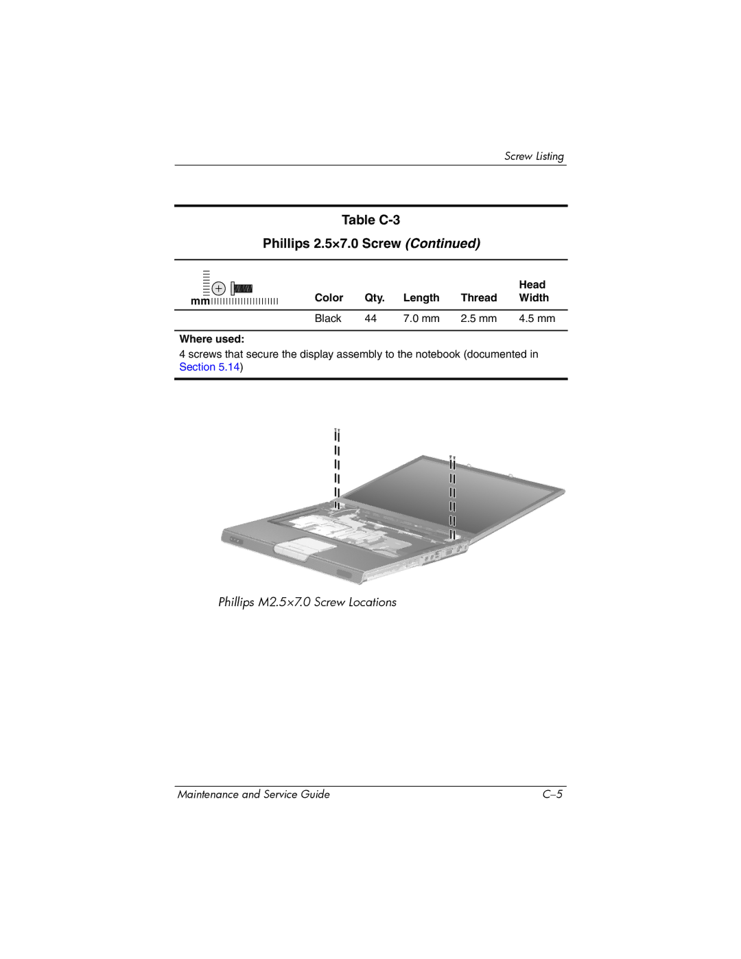 HP dv4000, V4000 manual Head Color Qty. Length Thread Width 